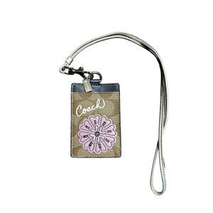 Coach ID Holder Badge Lanyard Signature Brown Leather w Purple Flower Applique